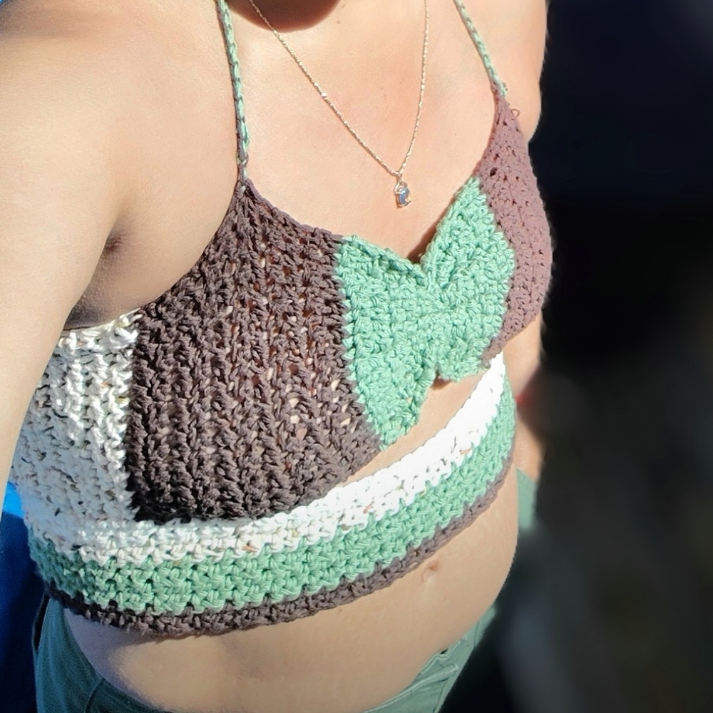 Handcrafted Crochet Halter Top - Brown and Green